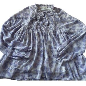 Entro Lavender Floral Sheer Blouse Smocked Waist Tie Sleeves L